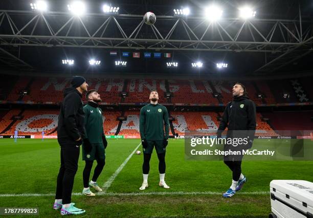 Amsterdam , Netherlands - 17 November 2023; Players, from left, Adam Idah, Ryan Manning, Matt Doherty and Shane Duffy during a Republic of Ireland...