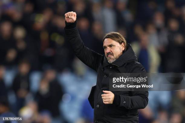 Daniel Farke, Manager of Leeds United, celebrates victory following the Sky Bet Championship match between Leeds United and Plymouth Argyle at Elland...