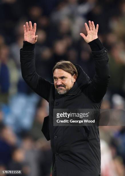 Daniel Farke, Manager of Leeds United, celebrates victory following the Sky Bet Championship match between Leeds United and Plymouth Argyle at Elland...