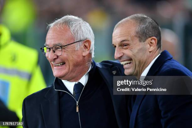 Claudio Ranieri, Head Coach of Cagliari Calcio, and Massimiliano Allegri, Head Coach of Juventus, greet each other prior to the Serie A TIM match...
