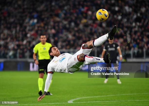 Nicolas Viola of Cagliari Calcio performs an overhead kick during the Serie A TIM match between Juventus and Cagliari Calcio at on November 11, 2023...