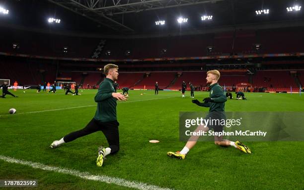 Amsterdam , Netherlands - 17 November 2023; Nathan Collins and Liam Scales, right, during a Republic of Ireland training session at Johan Cruijff...