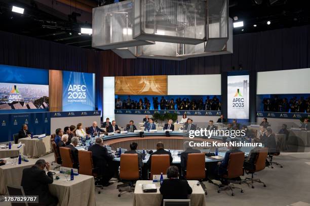 World leaders meet during the APEC Leaders Retreat on the last day of the Asia-Pacific Economic Cooperation Leaders' Week at Moscone Center on...