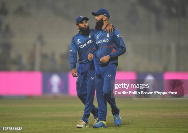 Adil Rashid and Moeen Ali of England after the ICC Men's Cricket World Cup India 2023 between England and Pakistan at Eden Gardens on November 11,...