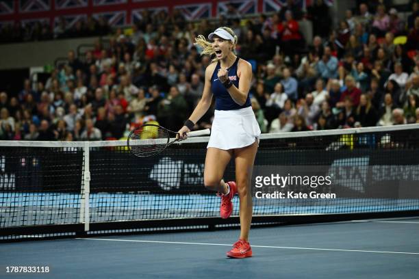 Katie Boulter of Great Britain celebrates in her match against Caijsa Hennemann of Sweden during day 1 of the Billie Jean King Cup Play-Off match...