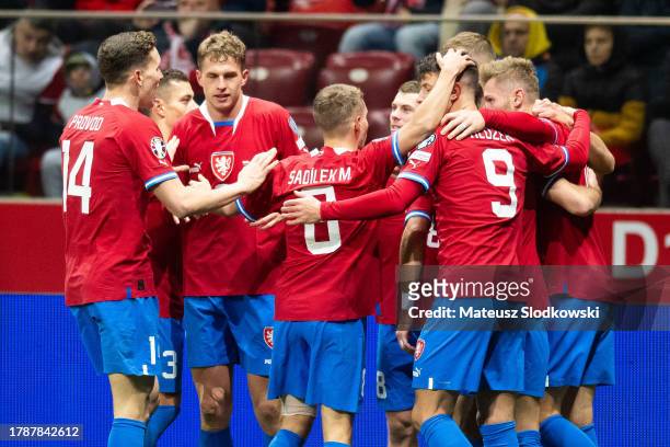Tomas Soucek of Czechia celebrates after scoring with the teammates during the UEFA EURO 2024 European qualifier match between Poland and Czechia at...