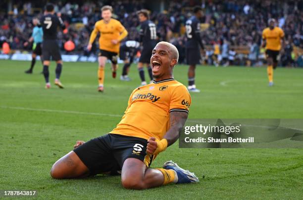 Mario Lemina of Wolverhampton Wanderers celebrates after scoring the team's second goal during the Premier League match between Wolverhampton...