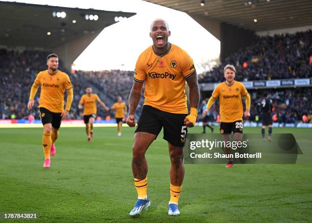 Mario Lemina of Wolverhampton Wanderers celebrates after scoring the team's second goal during the Premier League match between Wolverhampton...