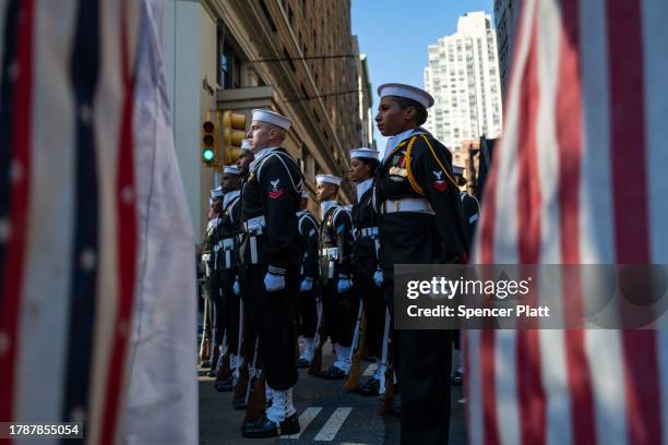 Members of the U.S. Navy participate in the annual Veterans Day Parade on November 11, 2023 in New York City. Hundreds of people lined 5th Avenue to...