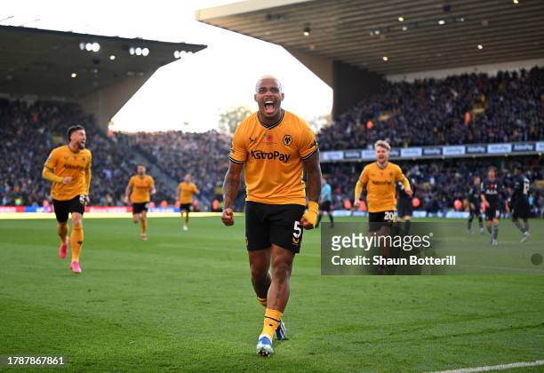 Mario Lemina of Wolverhampton Wanderers celebrates after scoring the team's second goal during the Premier League match between Wolverhampton...