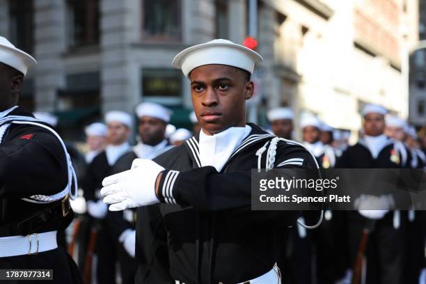 Members of the U.S. Navy participate in the annual Veterans Day Parade on November 11, 2023 in New York City. Hundreds of people lined 5th Avenue to...
