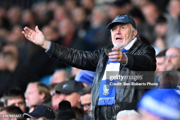 Sheffield Wednesday fan cheers during the Sky Bet Championship match between Sheffield Wednesday and Millwall at Hillsborough on November 11, 2023 in...