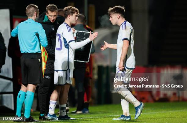 Scotland's Ben Doak is replaced by Finlay Robertson during a Euro Under-21s Qualifier between Scotland and Belgium at Schiervelde Stadion, on...