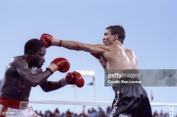 Jeff Fenech trades blows with opponent Azumah Nelson during their bout at The Mirage Hotel in Las Vegas, Nevada. Mandatory Credit: Ken Levine...