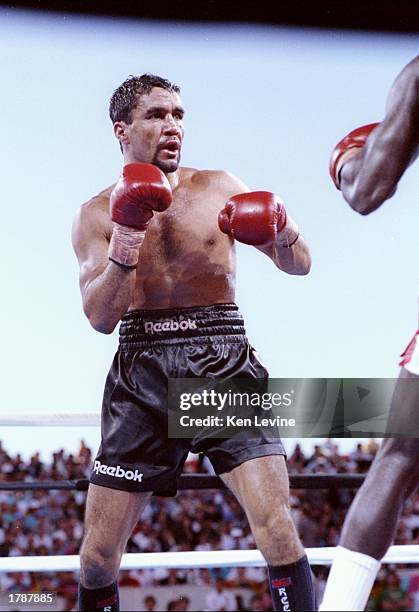 Jeff Fenech in action during his fight against Azumah Nelson at The Mirage Hotel in Las Vegas, Nevada. Mandatory Credit: Ken Levine /Allsport