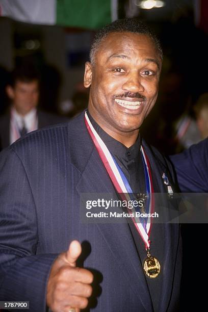 Former boxer Joe Frazier looks on at the Summer Olympics in Atlanta, Georgia. Mandatory Credit: Markus Boesch /Allsport