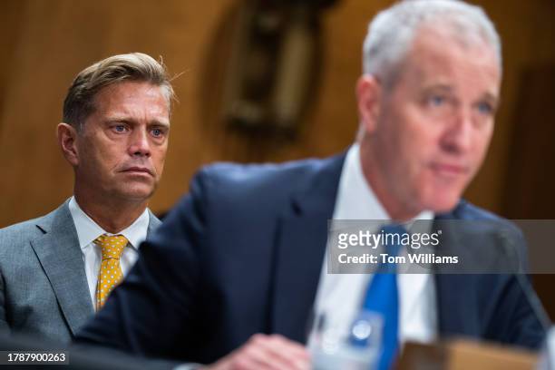 Randy Florke left, looks on as his husband, former Rep. Sean Patrick Maloney, D-N.Y., nominee to be U.S. Ambassador to the Organization for Economic...