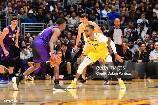 Angelo Russell of the Los Angeles Lakers plays defense against the Sacramento Kings on November 15, 2023 at Crypto.Com Arena in Los Angeles,...