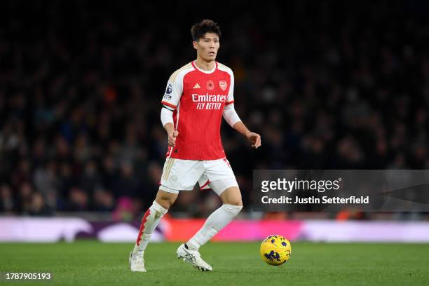 Takehiro Tomiyasu of Arsenal during the Premier League match between Arsenal FC and Burnley FC at Emirates Stadium on November 11, 2023 in London,...