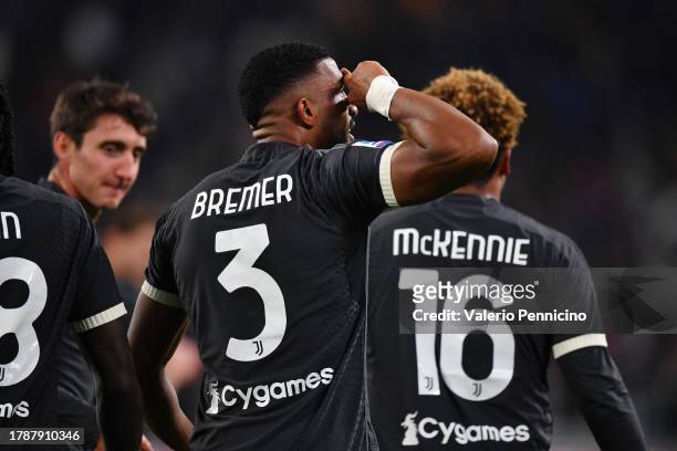 Bremer of Juventus celebrates after scoring the team's first goal during the Serie A TIM match between Juventus and Cagliari Calcio at on November...