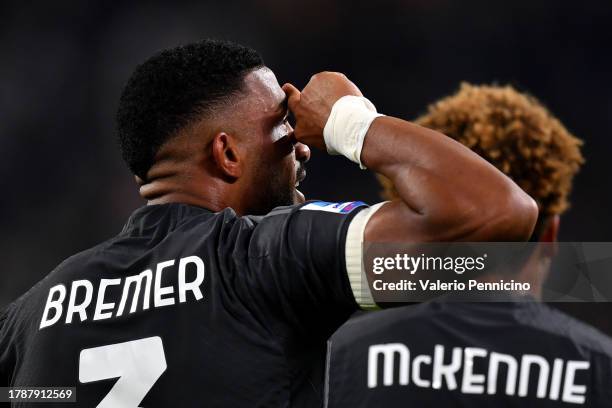 Bremer of Juventus celebrates after scoring the team's first goal during the Serie A TIM match between Juventus and Cagliari Calcio at on November...