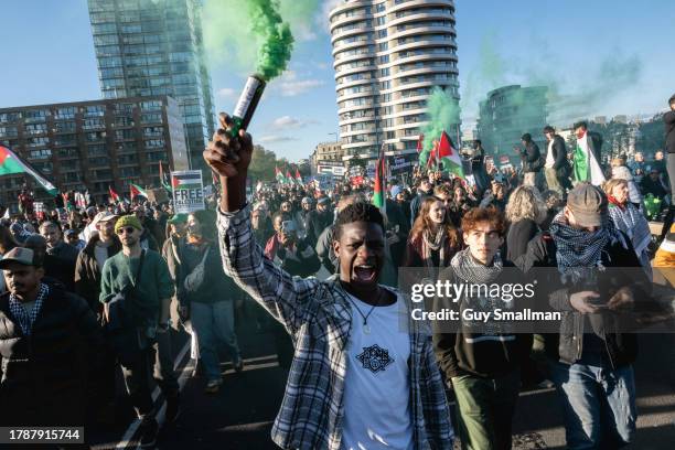 Pro-Palestine marchers on Vauxhall Bridge on November 11, 2023 in London, England. The protest's organisers, which included the Palestine Solidarity...