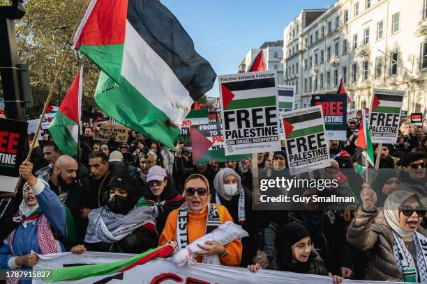 Pro-Palestine marchers on Vauxhall bridge road on November 11, 2023 in London, England. The protest's organisers, which included the Palestine...