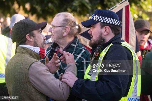Far right counter protestors gather at Wellington Arch on November 11, 2023 in London, England. The protest's organisers, which included the...