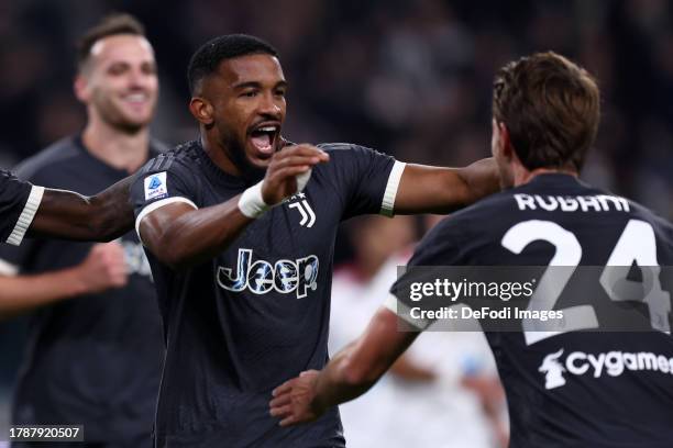 Gleison Bremer of Juventus Fc celebrates after scoring his team's first goal during the Serie A TIM match between Juventus and Cagliari Calcio on...