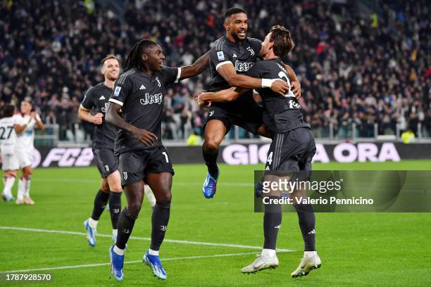Bremer of Juventus celebrates after scoring the team's first goal with teammate Daniele Rugani and Moise Kean during the Serie A TIM match between...