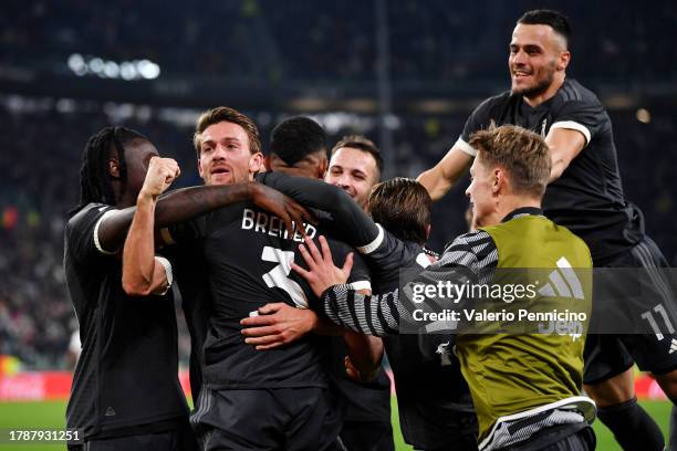 Bremer of Juventus celebrates with teammates after scoring the team's first goal during the Serie A TIM match between Juventus and Cagliari Calcio at...