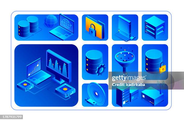 vector illustration of cloud computing isometric icon set and three dimensional banner design. cloud, cloud service, cloud technology, data, data server, server, network, upload, download. - algorithm isometric stock illustrations