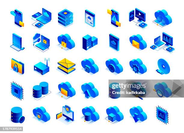 vektorillustration des isometrischen symbolsatzes des cloud-dienstes und des dreidimensionalen bannerdesigns. cloud, cloud computing, cloud-technologie, daten, datenserver, server, netzwerk, upload, download. - server stock-grafiken, -clipart, -cartoons und -symbole