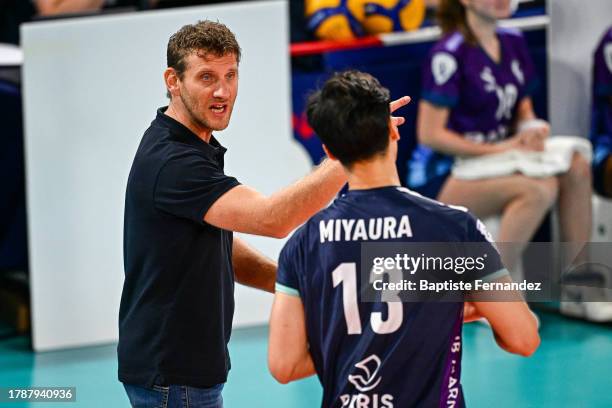 Fabio STORTI head coach of Paris Volley and Kento MIYAURA of Paris Volley during the French Marmara Spike League volley ball match between Paris...