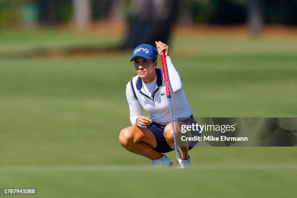 Azahara Munoz of Spain prepares to putt on the tenth green during the third round of The ANNIKA driven by Gainbridge at Pelican at Pelican Golf Club...