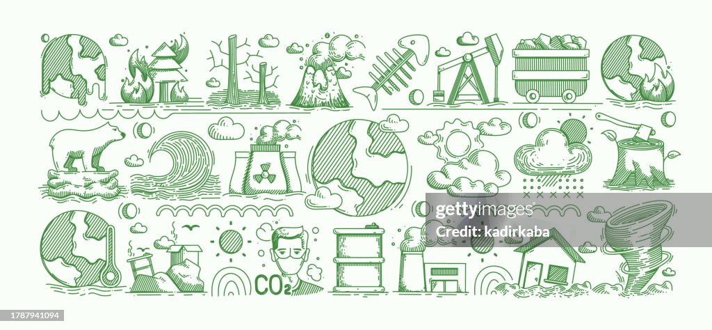 Climate Change Hand Drawn Vector Doodle Line Icon Set. Deforestation, Drought, Ecosystem, Environment, Ecology, Global Warming, Save The Planet.