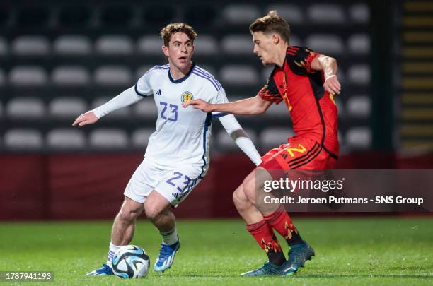 Scotland's Finlay Robertson and Belgium's Fedde Leysen during a Euro Under-21s Qualifier between Scotland and Belgium at Schiervelde Stadion, on...