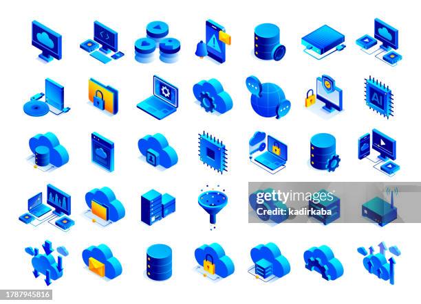 vector illustration of cloud technology isometric icon set and three dimensional banner design. cloud, cloud service, cloud computing, data, data server, server, network, upload, download. - database symbol stock illustrations