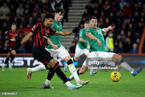 Dominic Solanke of AFC Bournemouth scores the team's first goal during the Premier League match between AFC Bournemouth and Newcastle United at...