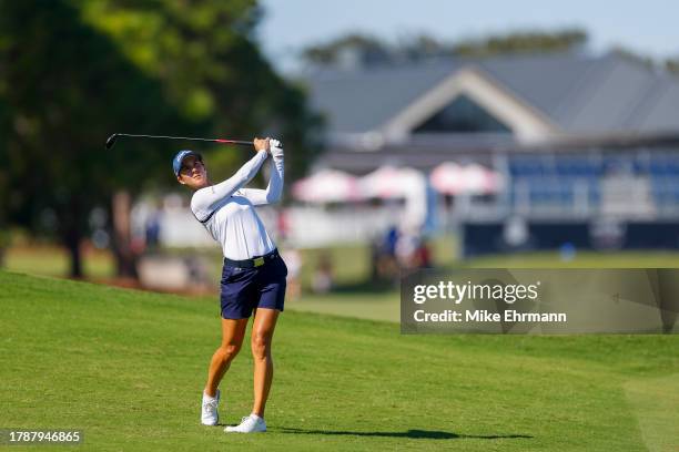 Azahara Munoz of Spain plays an approach shot on the tenth hole during the third round of The ANNIKA driven by Gainbridge at Pelican at Pelican Golf...