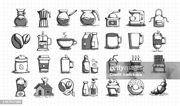 coffee hand drawn vector doodle line icon set. cafe, espresso, americano, coffee break, coffee maker, coffee shop. - milk bottle drawing stock illustrations