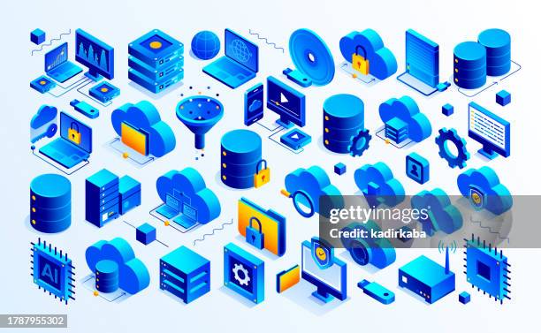 illustrations, cliparts, dessins animés et icônes de illustration vectorielle de l’ensemble d’icônes isométriques de cloud computing et de la conception de bannières tridimensionnelles. cloud, service cloud, technologie cloud, données, serveur de données, serveur, réseau, upload, download. - pare feu
