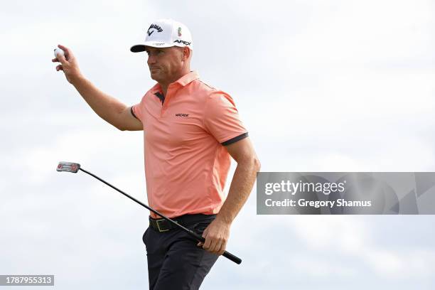 Alex Noren of Sweden celebrates on the 16th green during the third round of the Butterfield Bermuda Championship at Port Royal Golf Course on...