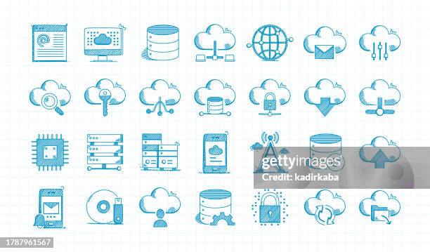 cloud service hand drawn vector doodle line icon set. big data, cloud computing, data, data center, server, internet, network, upload, download. - data center cloud stock illustrations