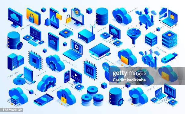 vector illustration of cloud technology isometric icon set and three dimensional banner design. cloud, cloud service, cloud computing, data, data server, server, network, upload, download. - bluetooth connection stock illustrations