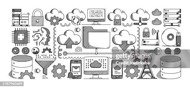 cloud technology hand drawn vector doodle line icon set. big data, cloud computing, data, data center, server, internet, network, upload, download. - data center cloud stock illustrations
