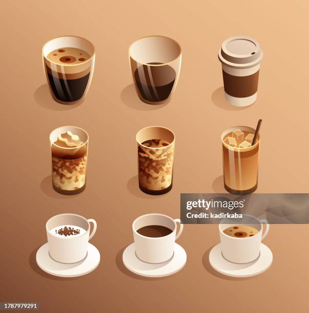 vector illustration of coffee isometric icon set and three dimensional design. coffee, americano, espresso, latte, mocha, cafe, coffee break, drink, frappuccino, french press, barista. - school-cafeteria stock illustrations