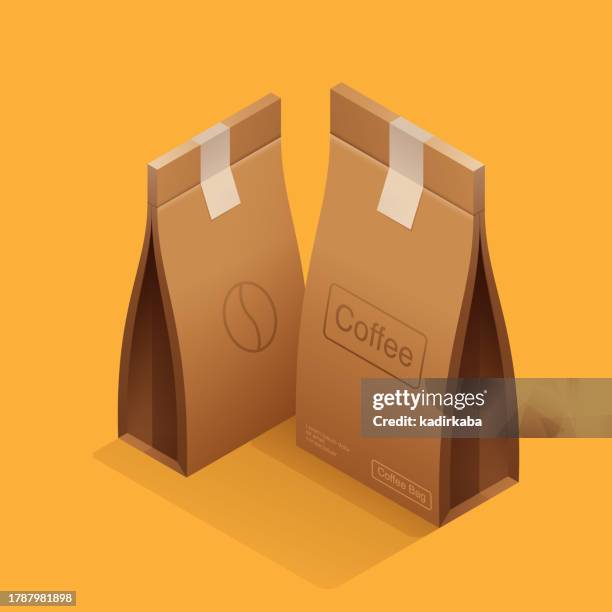 vector illustration of coffee beans bag isometric icon and three dimensional design. coffee, americano, espresso, latte, mocha, cafe, coffee break, drink, frappuccino, french press, barista. - isometric refresh icon stock illustrations