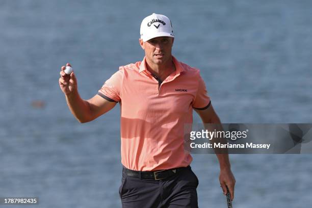 Alex Noren of Sweden celebrates on the 17th green during the third round of the Butterfield Bermuda Championship at Port Royal Golf Course on...