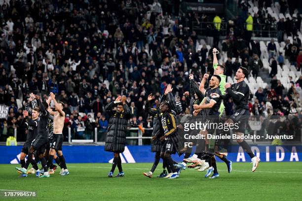 Players of Juventus greet the fans and celebrate the victory after the Serie A TIM match between Juventus and Cagliari Calcio at Allianz Stadium on...